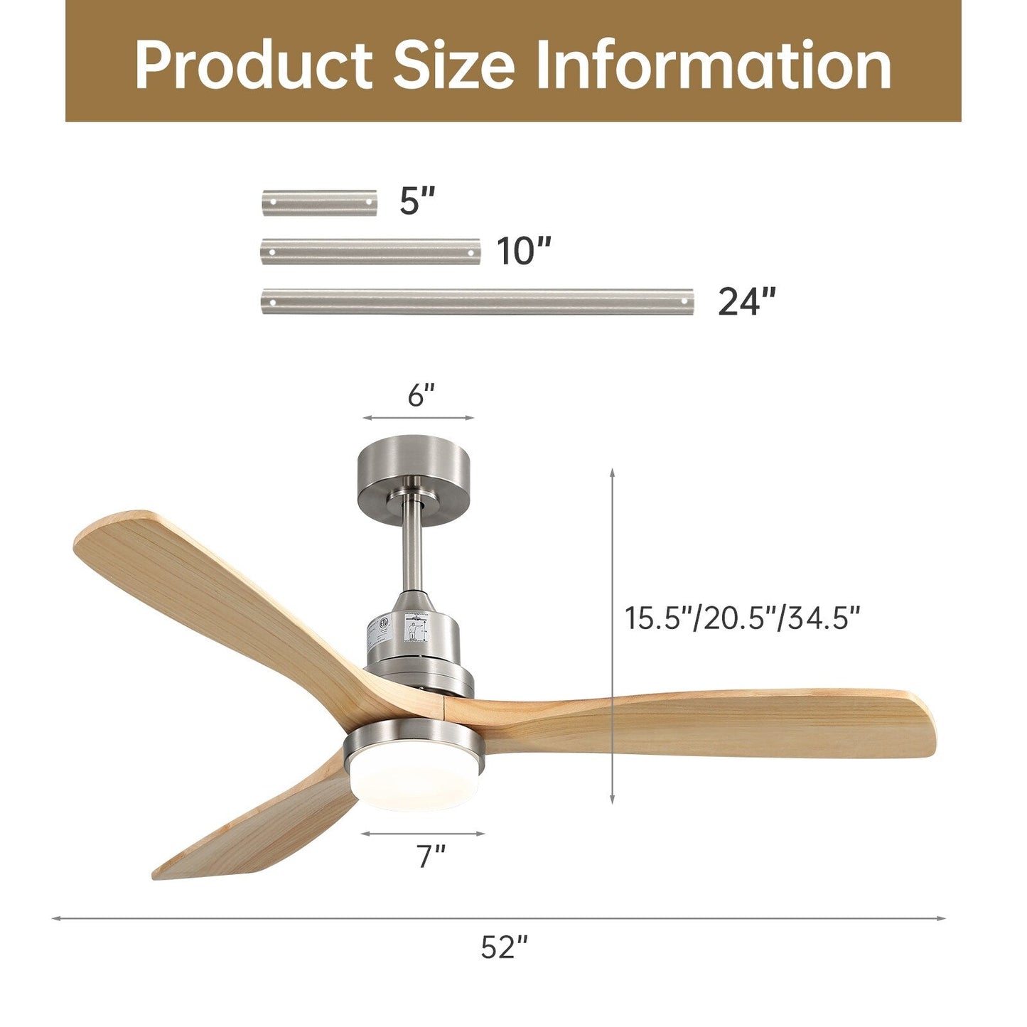 Ventilateur de plafond à LED intégré de 48 et 52 pouces avec lumière et télécommande, moteur à courant continu réversible.