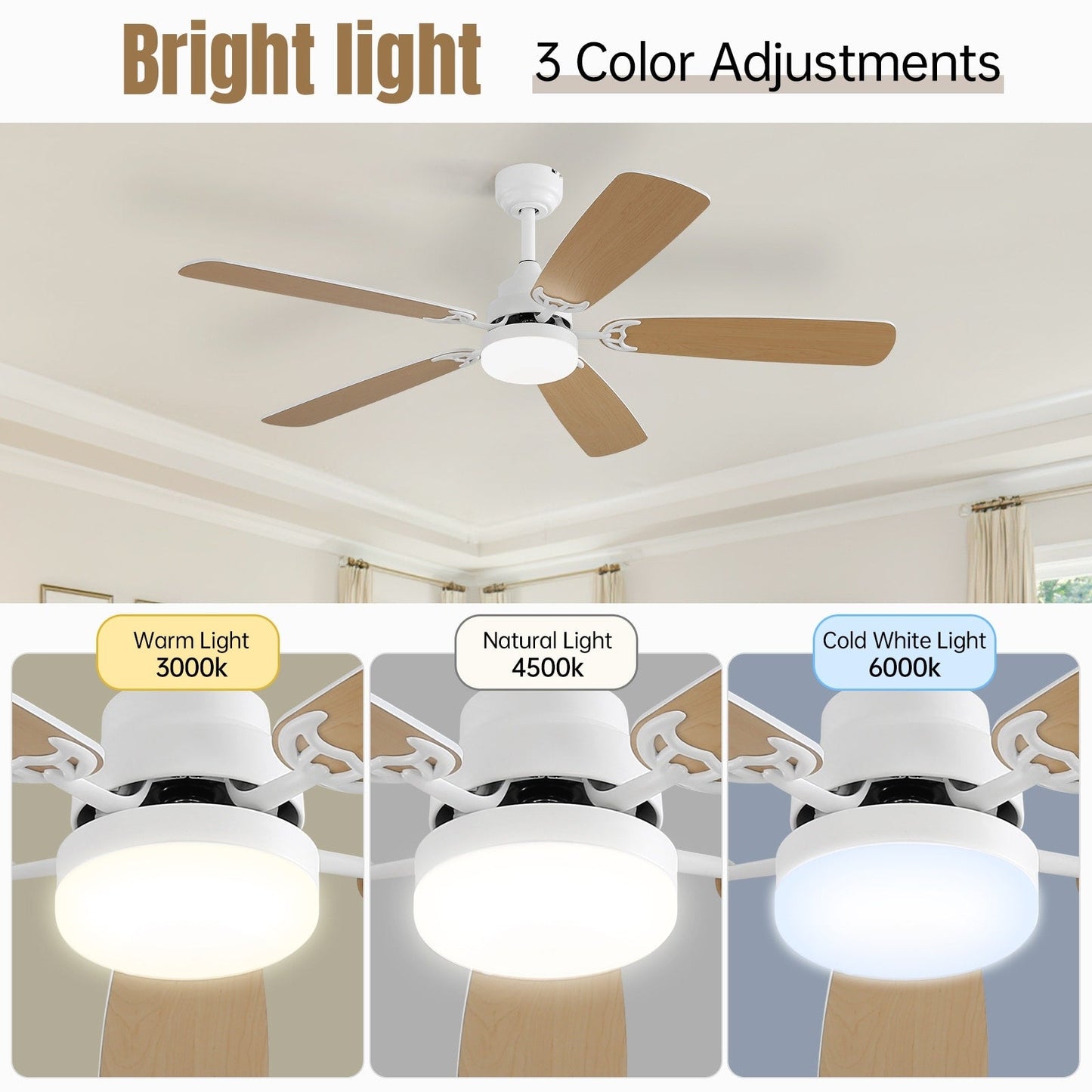 Ventilateur de plafond à LED intégré de 48 et 52 pouces avec lumière et télécommande, moteur à courant continu réversible.
