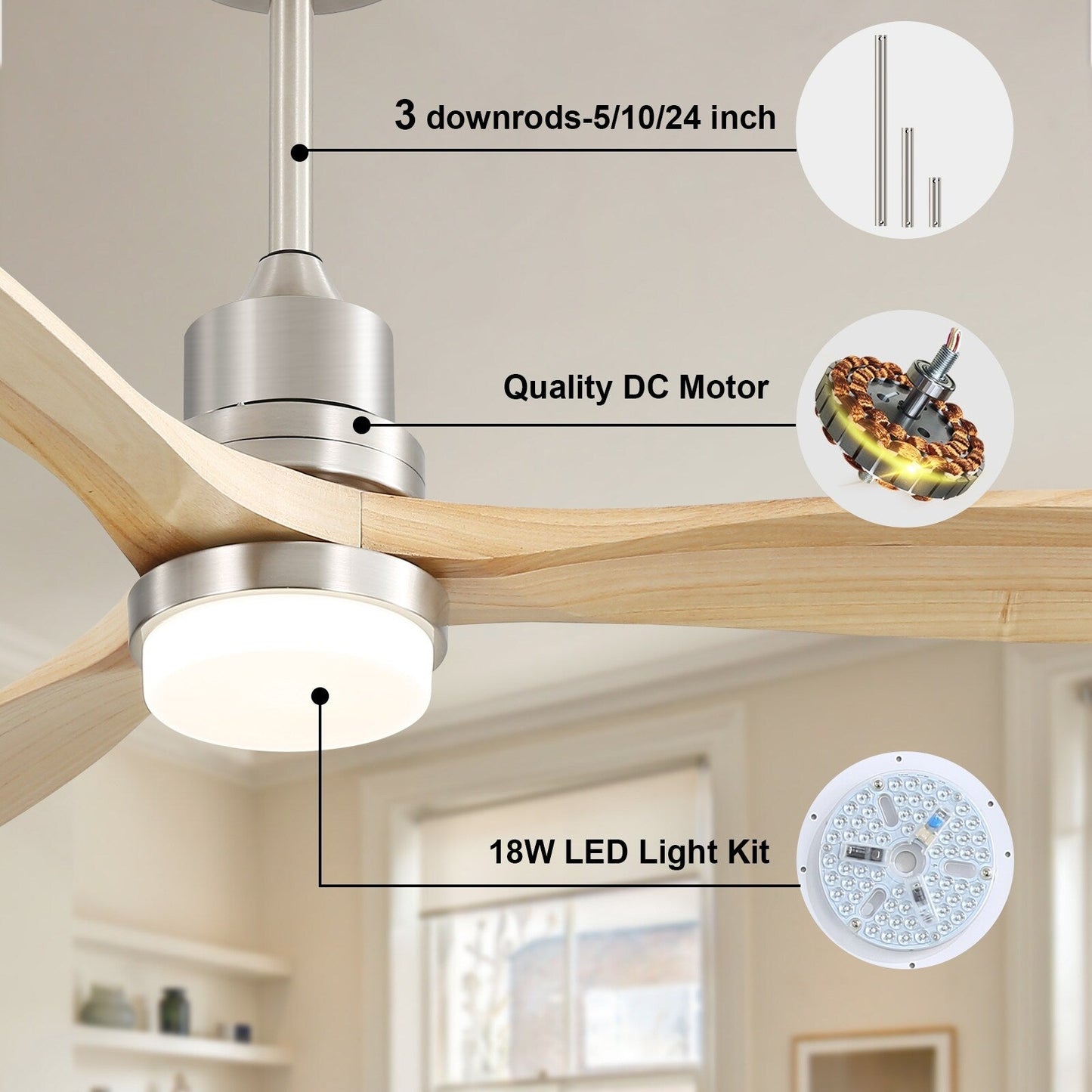Ventilateur de plafond à LED intégré de 48 et 52 pouces avec lumière et télécommande, moteur à courant continu réversible.