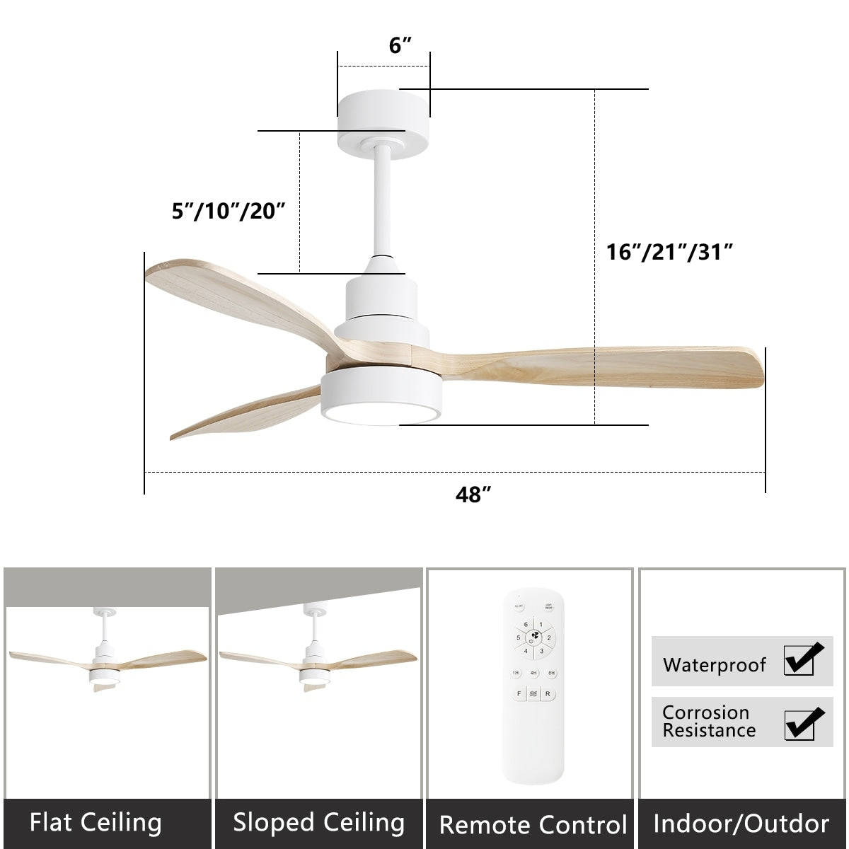 Ventilateur de plafond à LED intégré de 48 et 52 pouces avec lumière et télécommande, moteur à courant continu réversible.