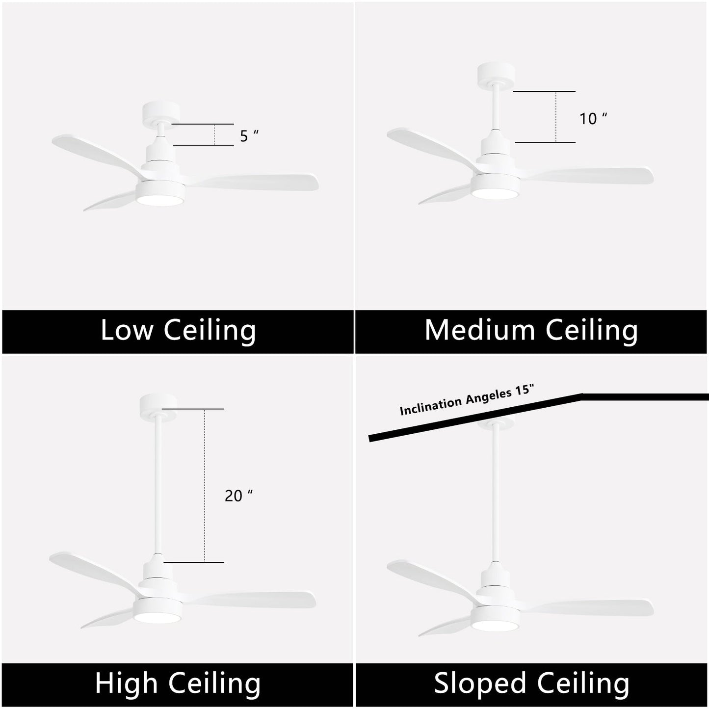 Ventilateur de plafond à LED intégré de 48 et 52 pouces avec lumière et télécommande, moteur à courant continu réversible.