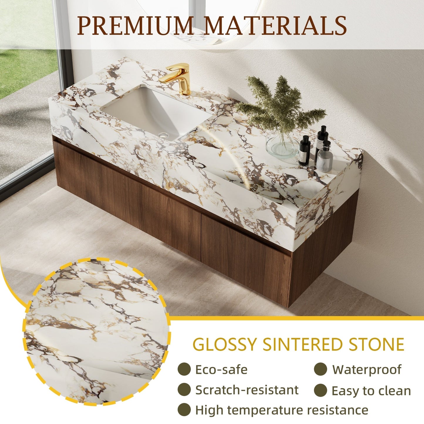 Meubles-lavabos de salle de bain simples modernes de 48 pouces, avec dessus en faux marbre brillant, en bois massif.