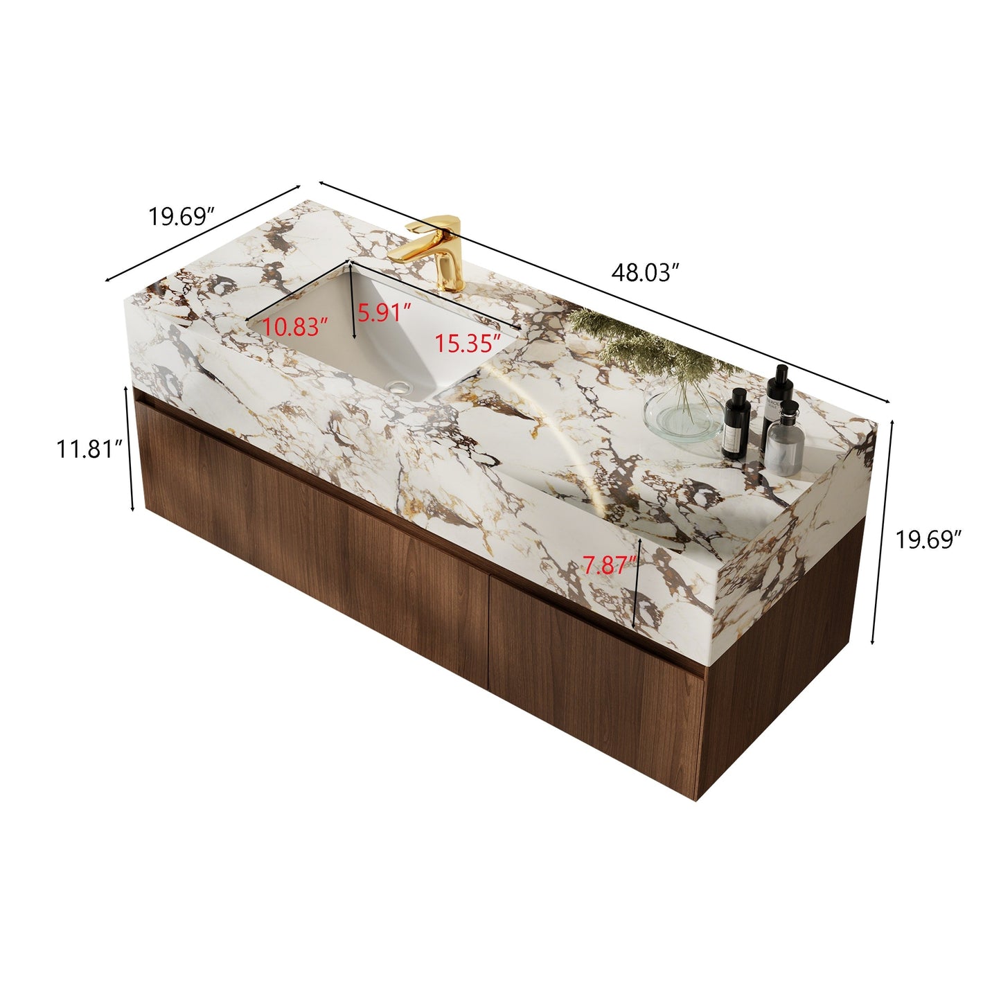 Meubles-lavabos de salle de bain simples modernes de 48 pouces, avec dessus en faux marbre brillant, en bois massif.