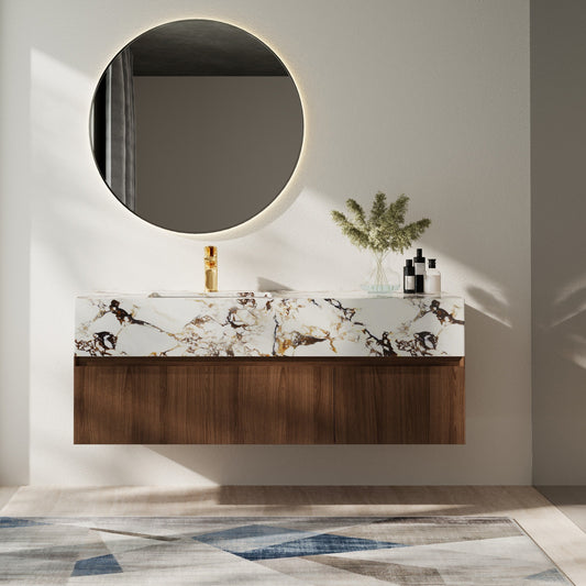 Meubles-lavabos de salle de bain simples modernes de 48 pouces, avec dessus en faux marbre brillant, en bois massif.