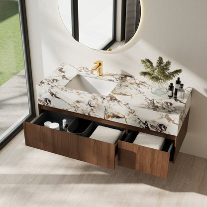 Meubles-lavabos de salle de bain simples modernes de 48 pouces, avec dessus en faux marbre brillant, en bois massif.