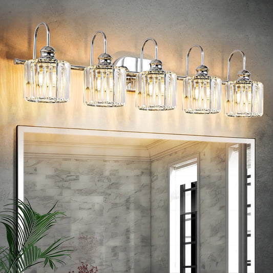 Ensemble de 5 luminaires linéaires à effet glamour, à intensité variable, avec abat-jour en cristal cylindrique pour salle de bain.