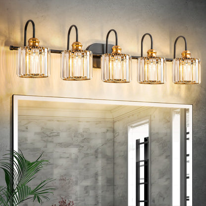 Ensemble de 5 luminaires linéaires à effet glamour, à intensité variable, avec abat-jour en cristal cylindrique pour salle de bain.