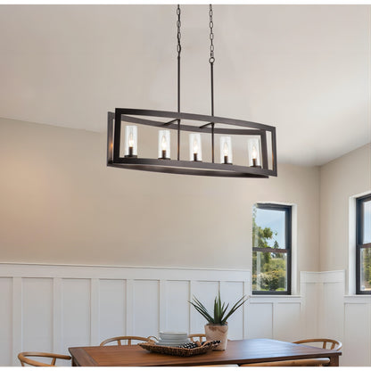 Luminaires suspendus industriels modernes à 5 lumières, style linéaire, pour salle à manger, style farmhouse, avec abat-jour cylindrique en verre transparent, pour îlot de cuisine.