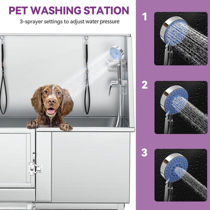 Baignoire de toilettage pour animaux de compagnie en acier inoxydable de 127 cm de large, réglable, avec rampe d'accès.