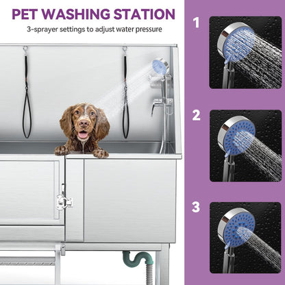 Baignoire de toilettage pour animaux de compagnie en acier inoxydable de 127 cm de large, réglable, avec rampe d'accès.