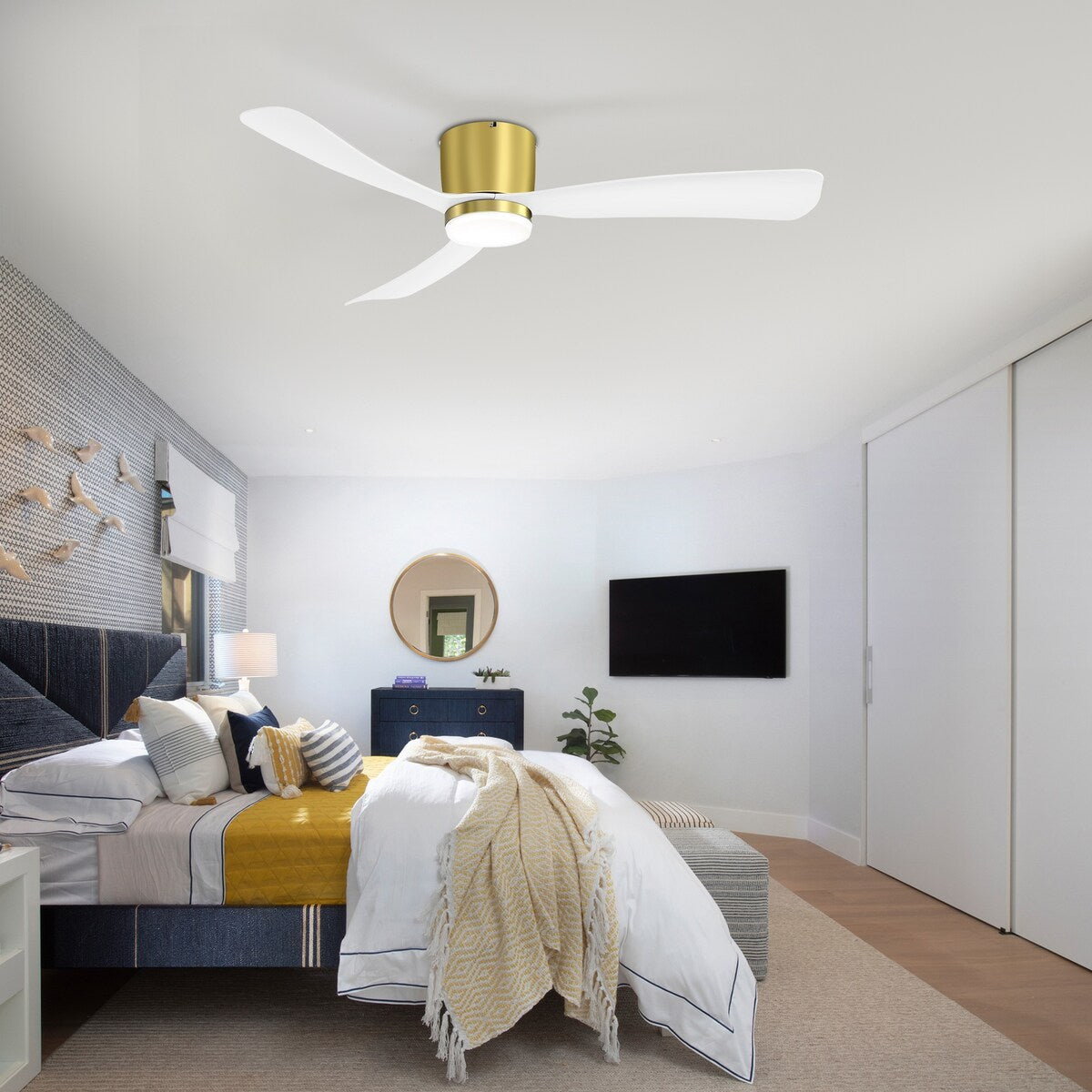 Ventilateur de plafond LED à montage encastré de 52 pouces noir/blanc avec éclairage et télécommande (3 pales)
