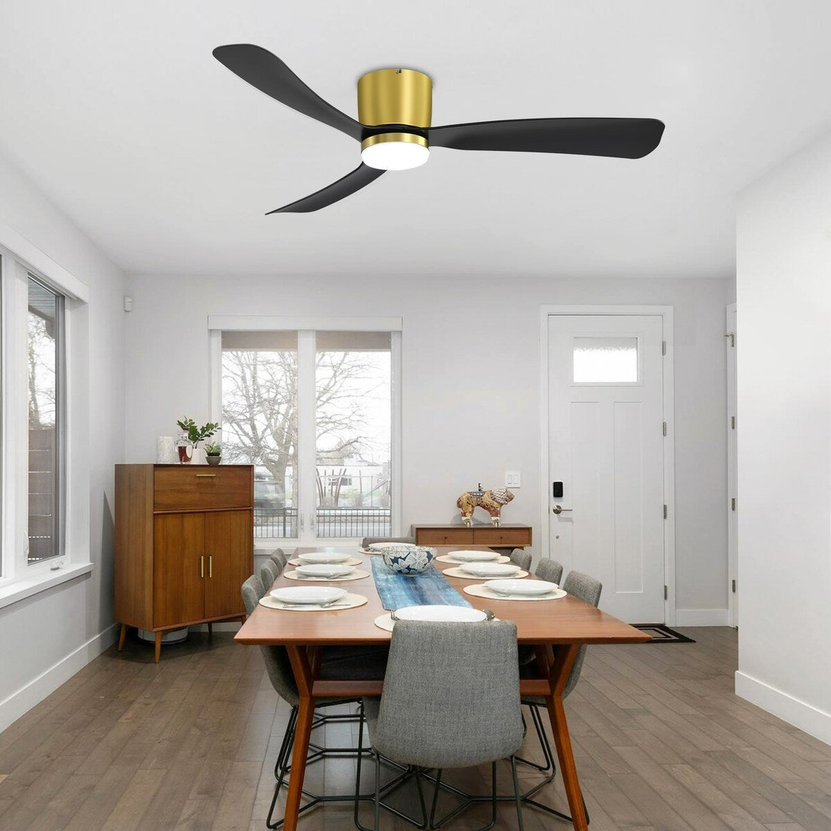 Ventilateur de plafond LED à montage encastré de 52 pouces noir/blanc avec éclairage et télécommande (3 pales)