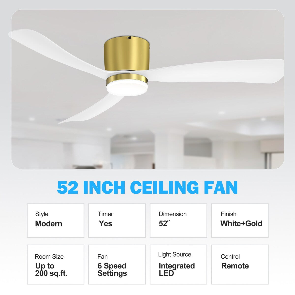 Ventilateur de plafond LED à montage encastré de 52 pouces noir/blanc avec éclairage et télécommande (3 pales)