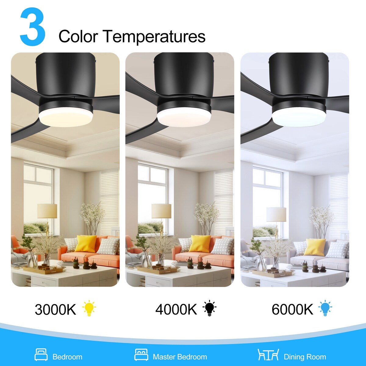 Ventilateur de plafond LED à montage encastré de 52 pouces noir/blanc avec éclairage et télécommande (3 pales)