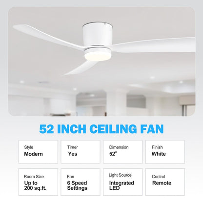 Ventilateur de plafond LED à montage encastré de 52 pouces noir/blanc avec éclairage et télécommande (3 pales)