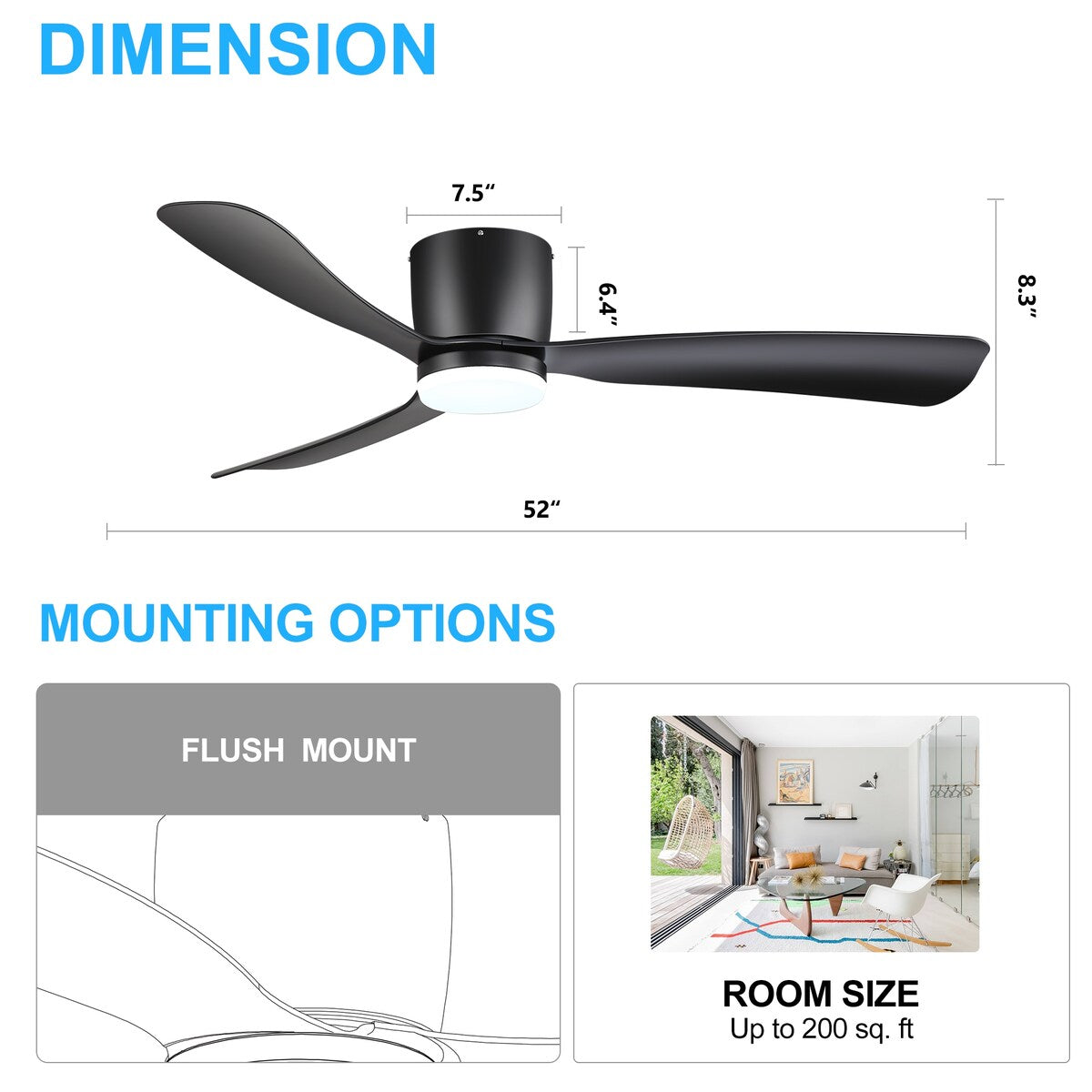 Ventilateur de plafond LED à montage encastré de 52 pouces noir/blanc avec éclairage et télécommande (3 pales)