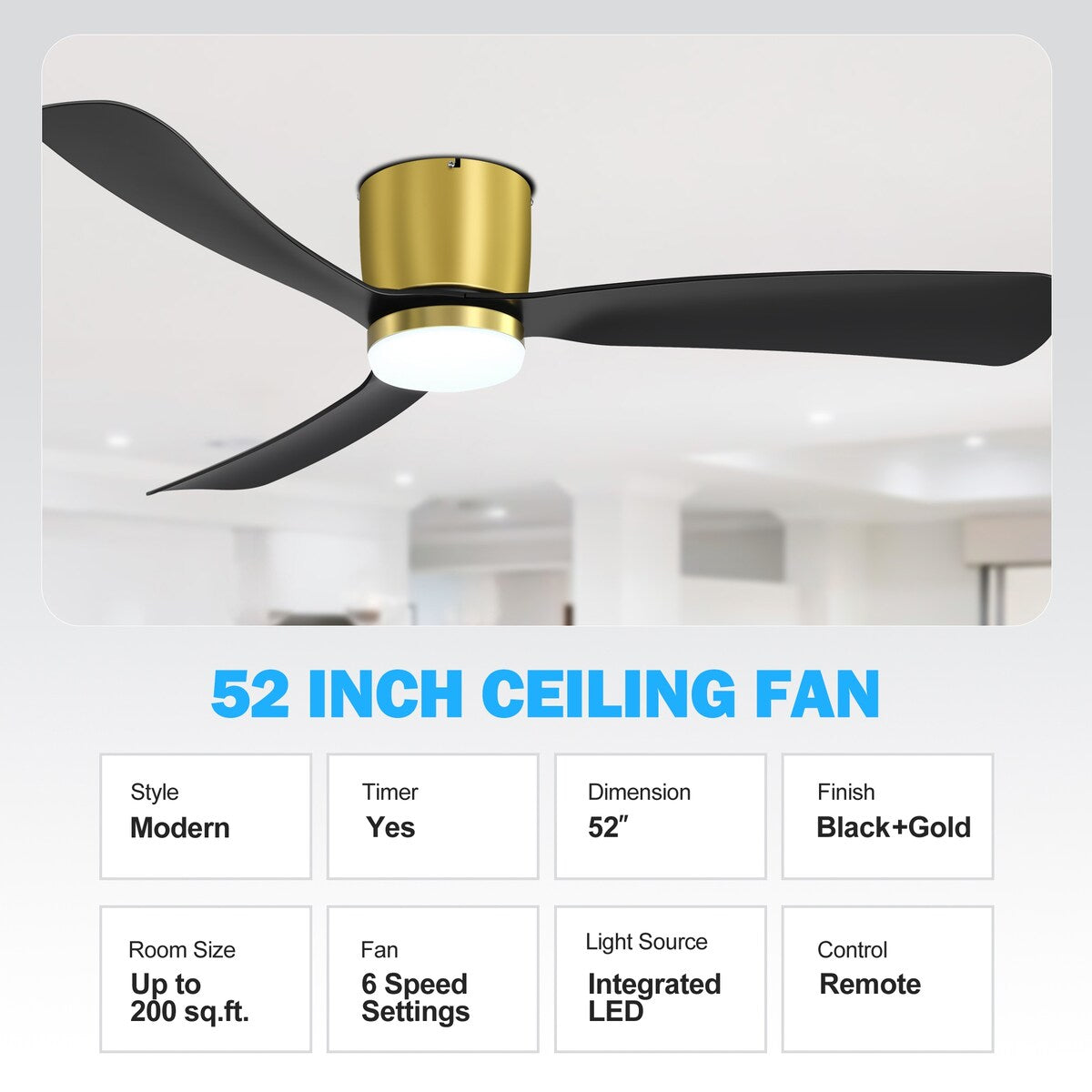 Ventilateur de plafond LED à montage encastré de 52 pouces noir/blanc avec éclairage et télécommande (3 pales)