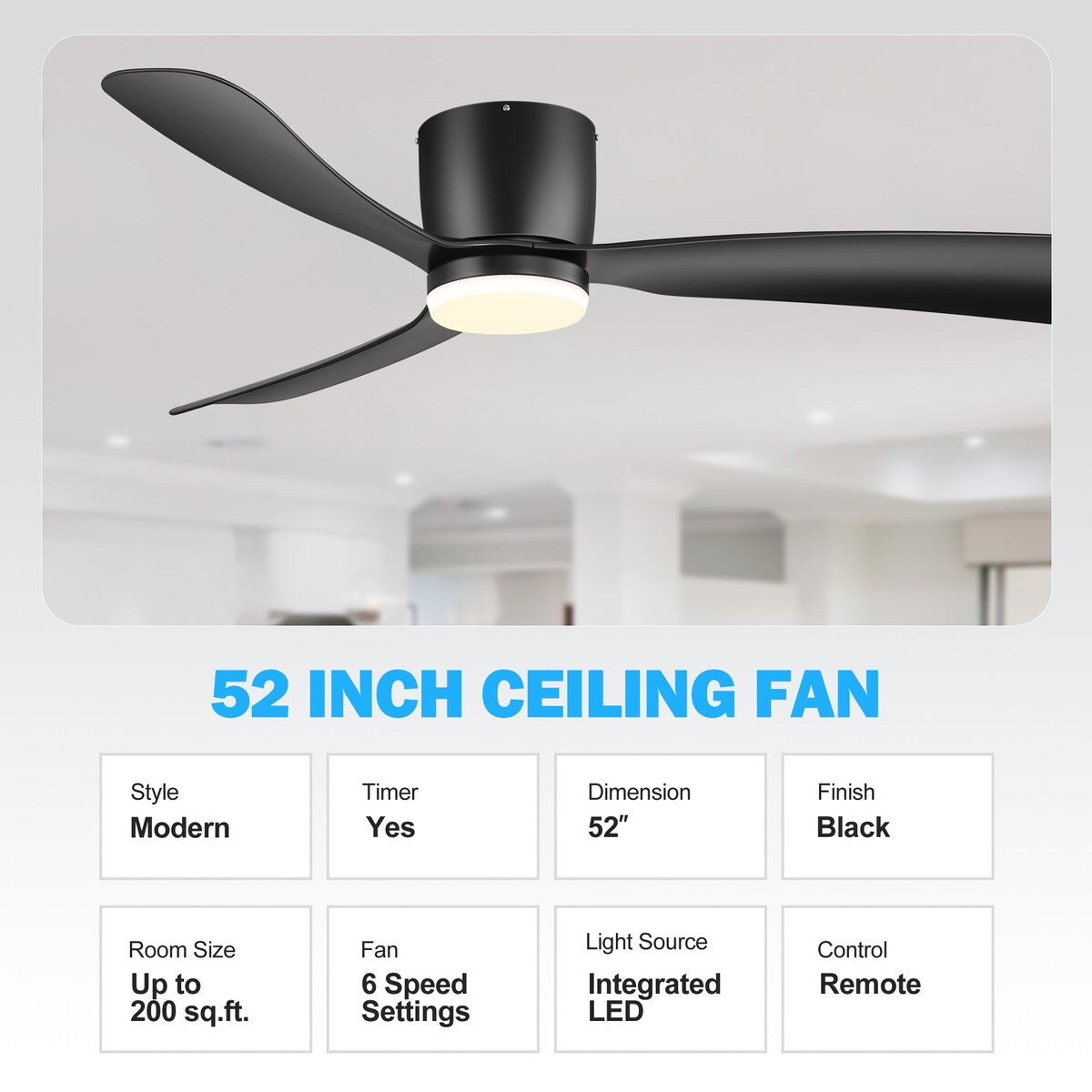 Ventilateur de plafond LED à montage encastré de 52 pouces noir/blanc avec éclairage et télécommande (3 pales)