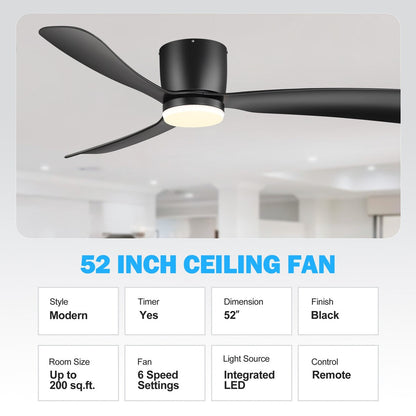 Ventilateur de plafond LED à montage encastré de 52 pouces noir/blanc avec éclairage et télécommande (3 pales)