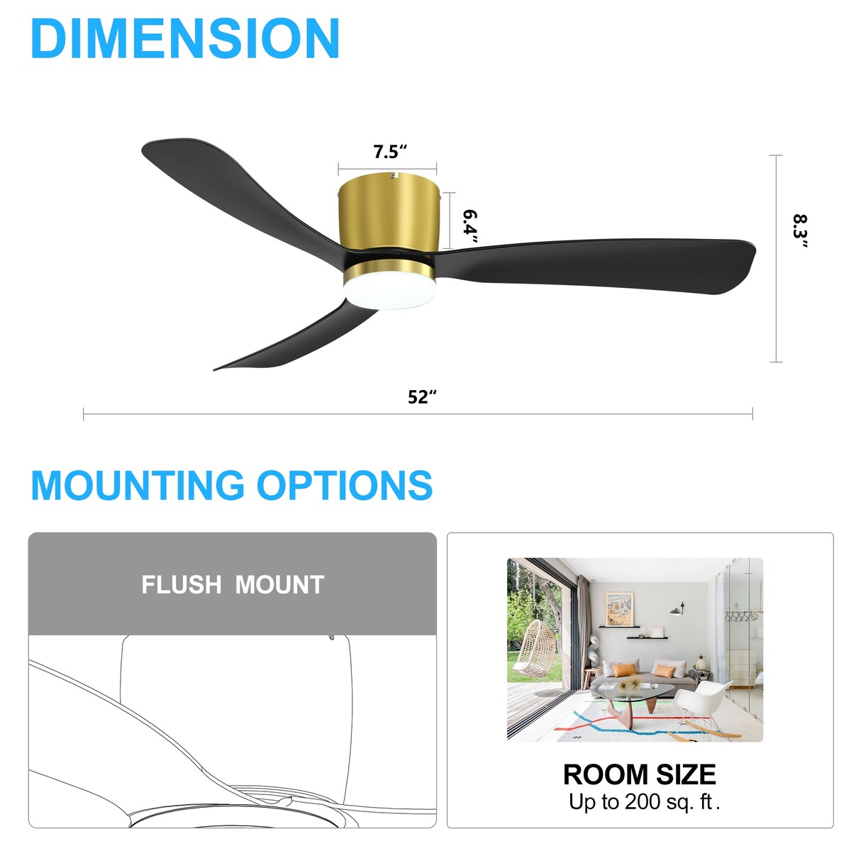 Ventilateur de plafond LED à montage encastré de 52 pouces noir/blanc avec éclairage et télécommande (3 pales)