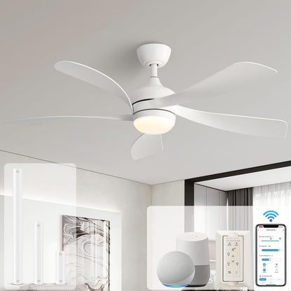 Ventilateur de plafond 52 pouces avec télécommande et éclairage, moteur DC silencieux, 5 pales, haut débit d'air, design moderne.