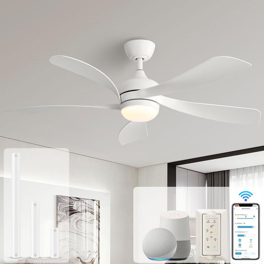 Ventilateur de plafond 52 pouces avec télécommande et éclairage, moteur DC silencieux, 5 pales, haut débit d'air, design moderne.