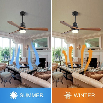 Ventilateur de plafond silencieux en bois de noyer 52/60/48 avec télécommande, éclairage intégré en option.