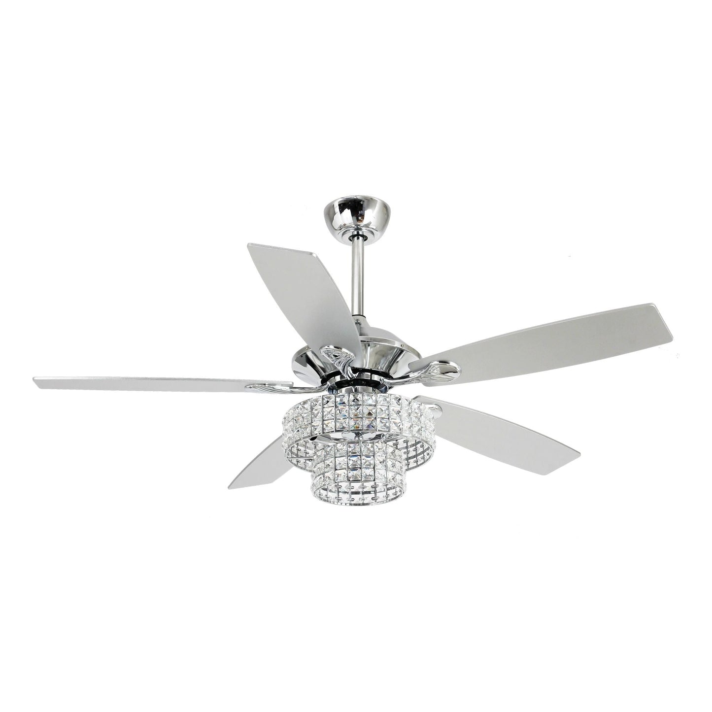 Ventilateur de plafond moderne à 5 pales en chrome et bois de 52 pouces avec télécommande et cristaux.
