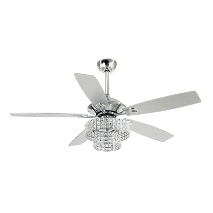 Ventilateur de plafond moderne à 5 pales en chrome et bois de 52 pouces avec télécommande et cristaux.