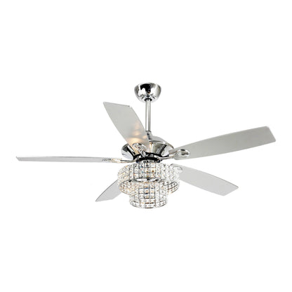 Ventilateur de plafond moderne à 5 pales en chrome et bois de 52 pouces avec télécommande et cristaux.