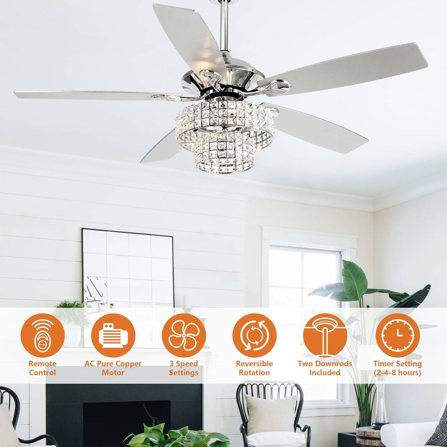 Ventilateur de plafond moderne à 5 pales en chrome et bois de 52 pouces avec télécommande et cristaux.