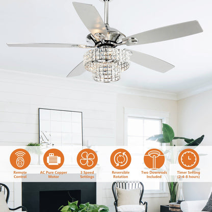 Ventilateur de plafond moderne à 5 pales en chrome et bois de 52 pouces avec télécommande et cristaux.