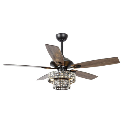 Ventilateur de plafond moderne à 5 pales en chrome et bois de 52 pouces avec télécommande et cristaux.