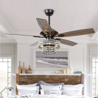 Ventilateur de plafond moderne à 5 pales en chrome et bois de 52 pouces avec télécommande et cristaux.