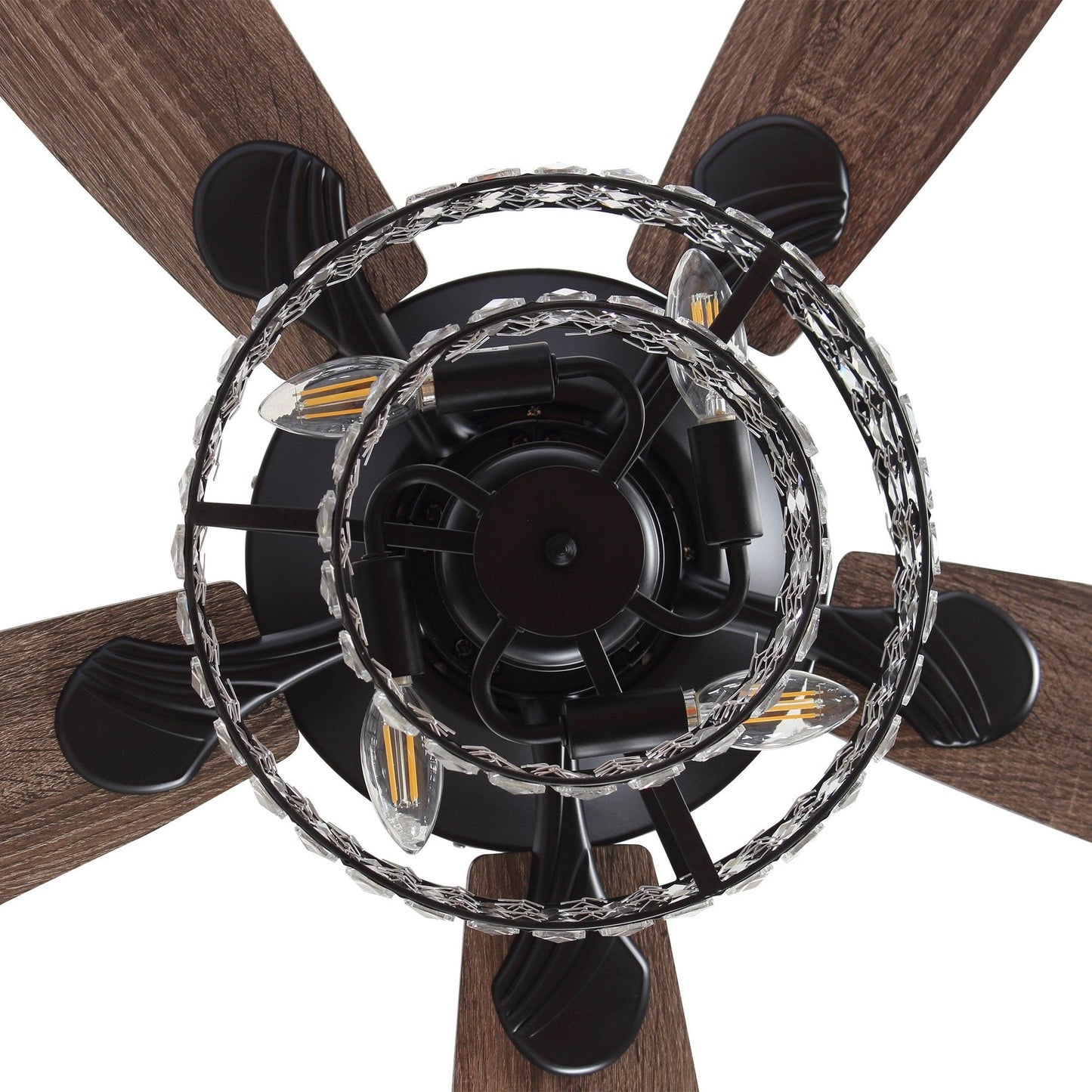 Ventilateur de plafond moderne à 5 pales en chrome et bois de 52 pouces avec télécommande et cristaux.