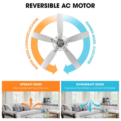 Ventilateur de plafond moderne à 5 pales en chrome et bois de 52 pouces avec télécommande et cristaux.
