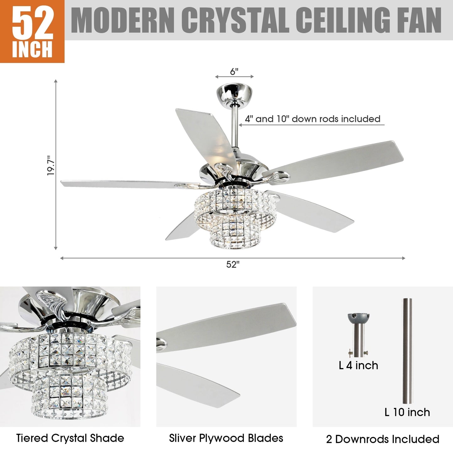Ventilateur de plafond moderne à 5 pales en chrome et bois de 52 pouces avec télécommande et cristaux.