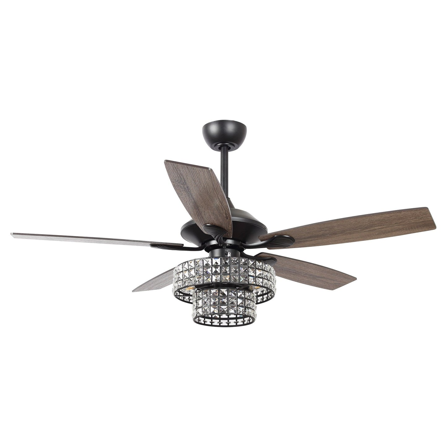 Ventilateur de plafond moderne à 5 pales en chrome et bois de 52 pouces avec télécommande et cristaux.