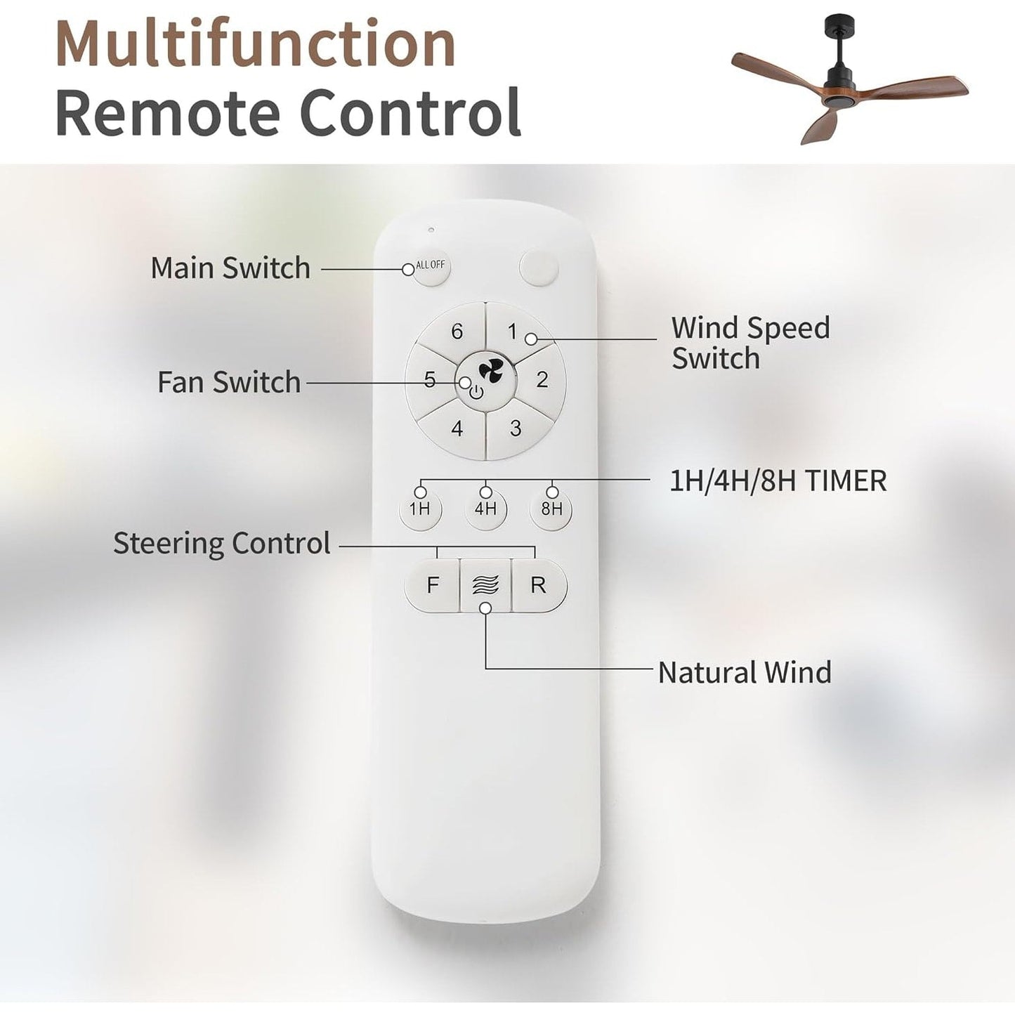 Ventilateur de plafond silencieux en bois de noyer 52/60/48 avec télécommande, éclairage intégré en option.