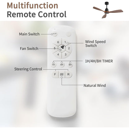 Ventilateur de plafond silencieux en bois de noyer 52/60/48 avec télécommande, éclairage intégré en option.