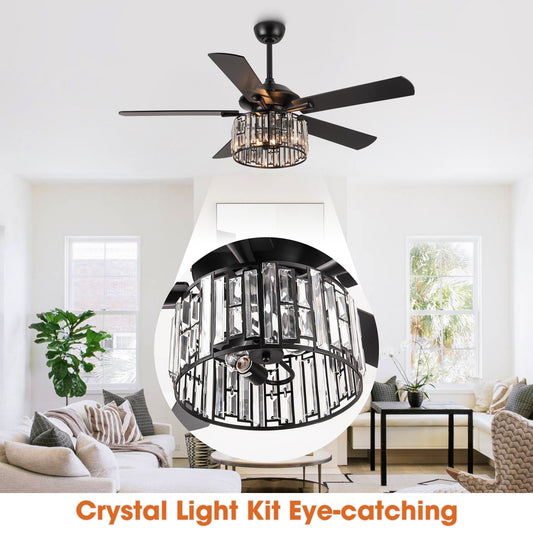 Ventilateur de plafond avec luminaire à cristaux, style moderne, en bois noir, 52 pouces, avec télécommande.