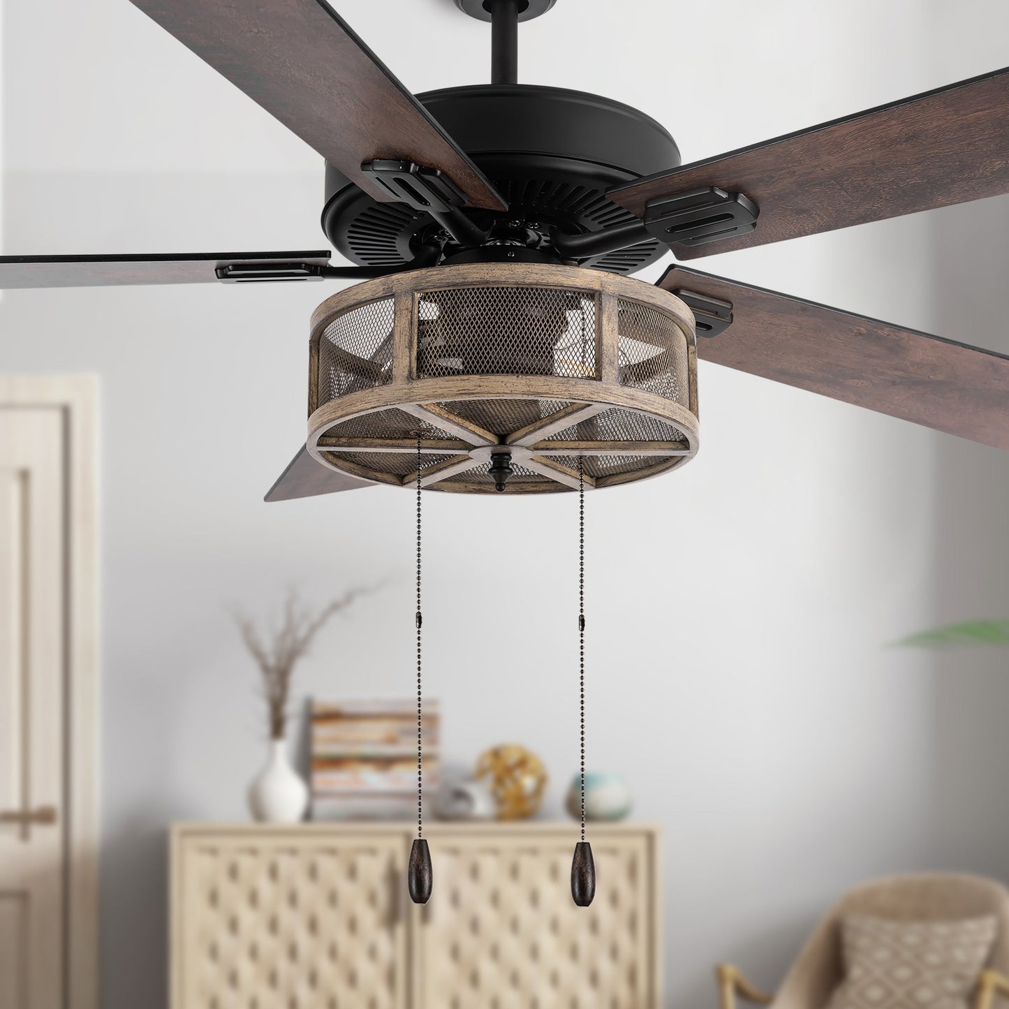 Ventilateur de plafond LED à 52 pales, style loft, métal brossé, style farmhouse