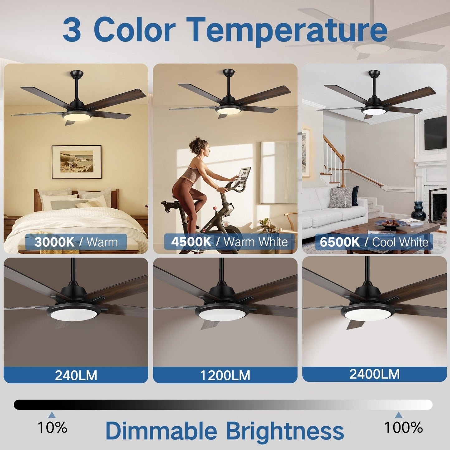52 Ventilateurs de plafond modernes avec lumières et télécommande, LED à intensité variable