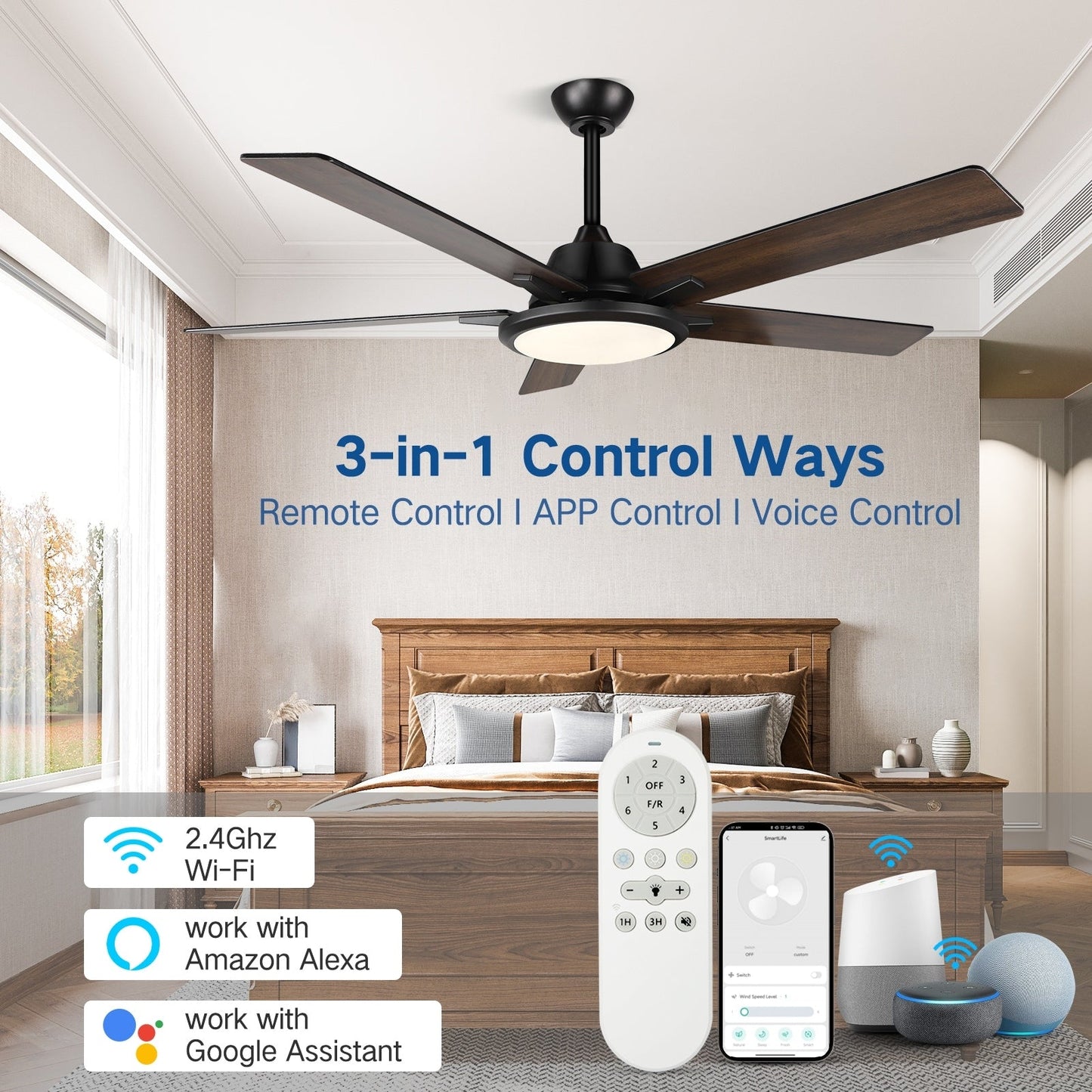 52 Ventilateurs de plafond modernes avec lumières et télécommande, LED à intensité variable