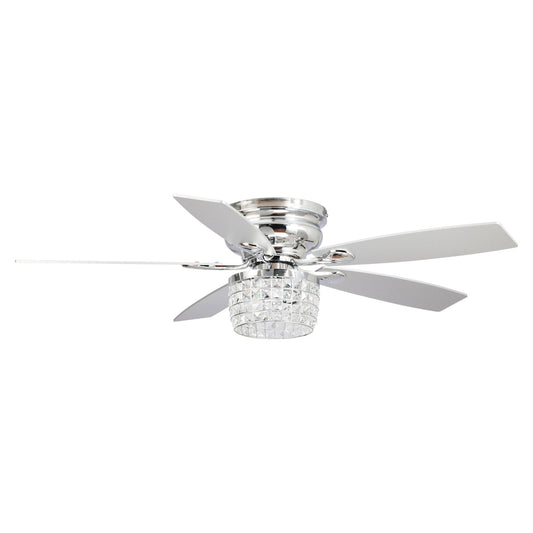 Ventilateur de plafond à 52 pales en cristal chromé, à montage encastré, avec kit d'éclairage et télécommande.
