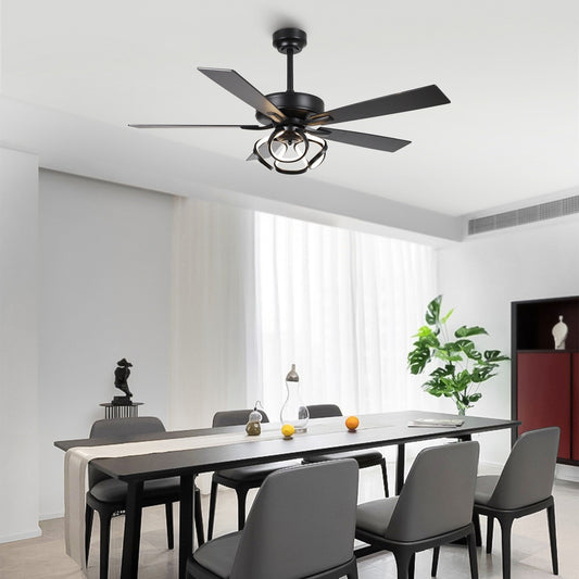 Ventilateur de plafond intérieur moderne de 52 pouces avec éclairage chromé/noir, télécommande et 5 pales réversibles.