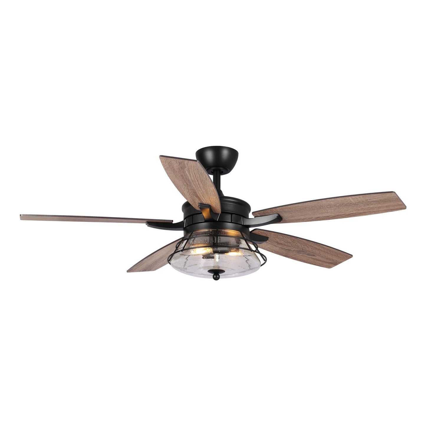 Ventilateur de plafond décoratif noir à 52 pales en verre dépoli, avec télécommande et kit d'éclairage.