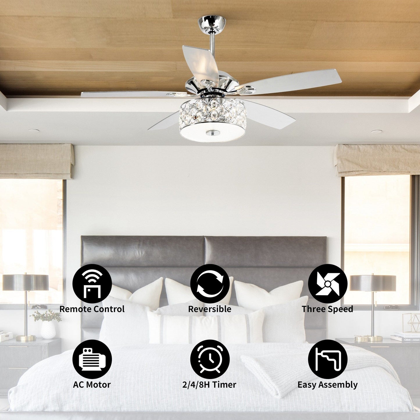 Luminaire suspendu moderne à 52 branches et 4 lumières, avec ventilateur de plafond à cristaux et télécommande.