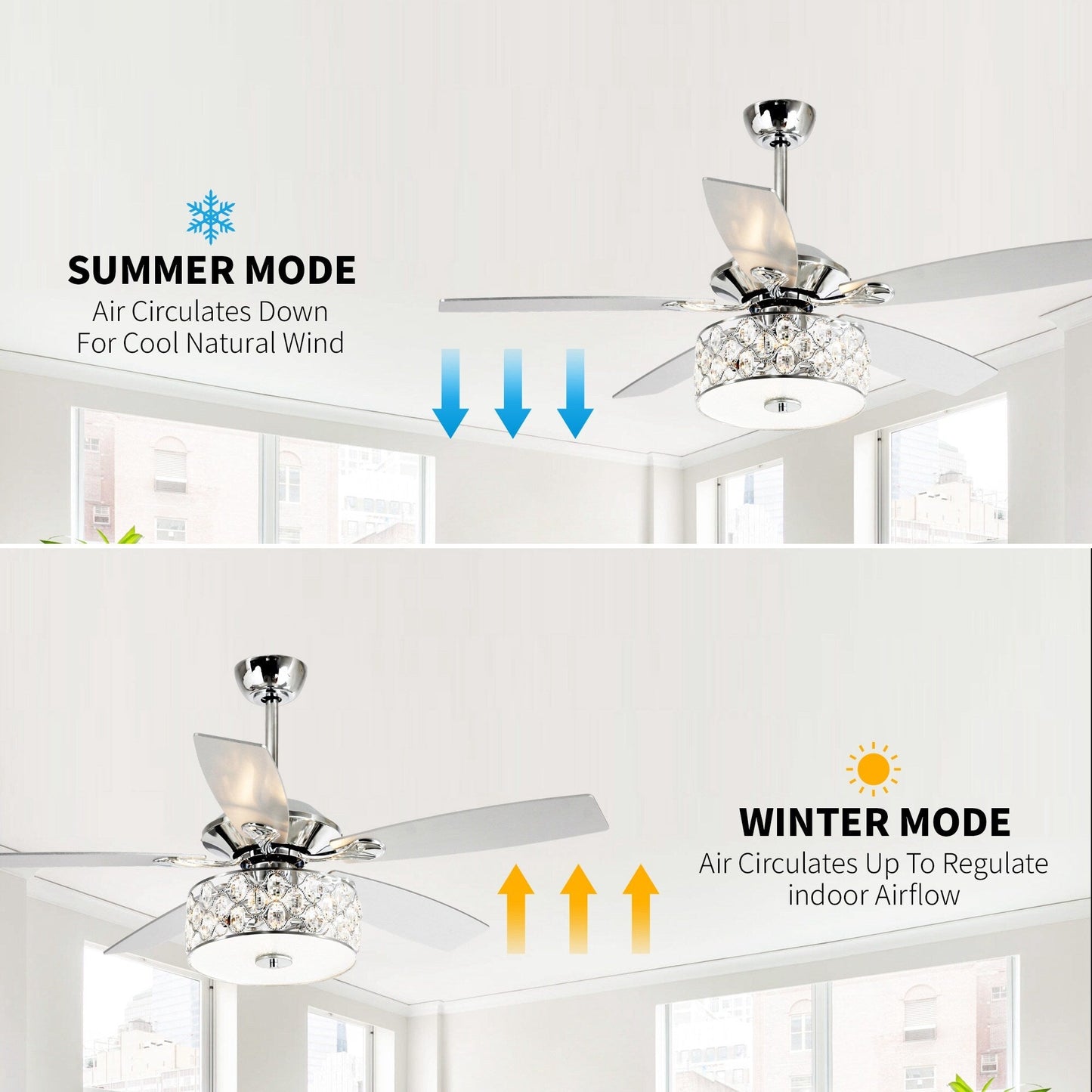 Luminaire suspendu moderne à 52 branches et 4 lumières, avec ventilateur de plafond à cristaux et télécommande.