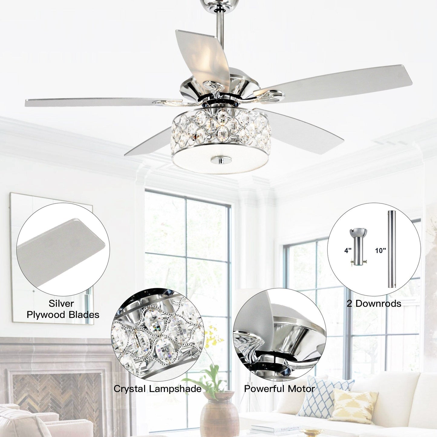 Luminaire suspendu moderne à 52 branches et 4 lumières, avec ventilateur de plafond à cristaux et télécommande.